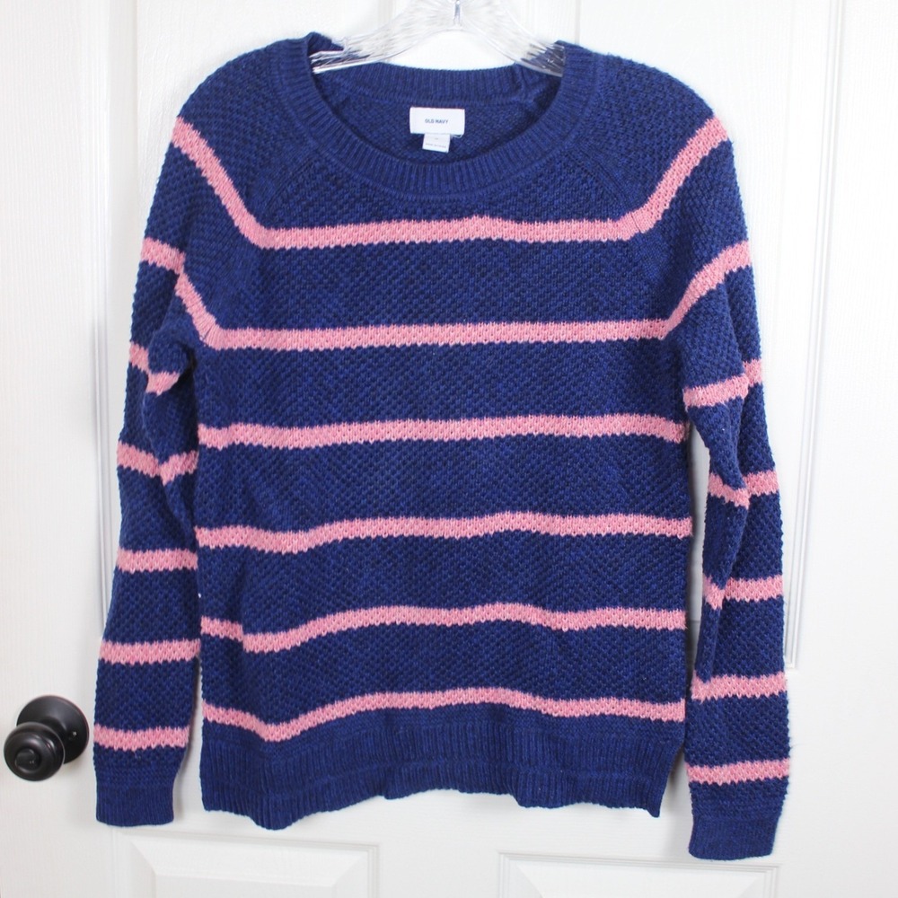 Old‎ Navy Womens Striped Crewneck Sweater Navy Blue Pink Textured Knit Size M